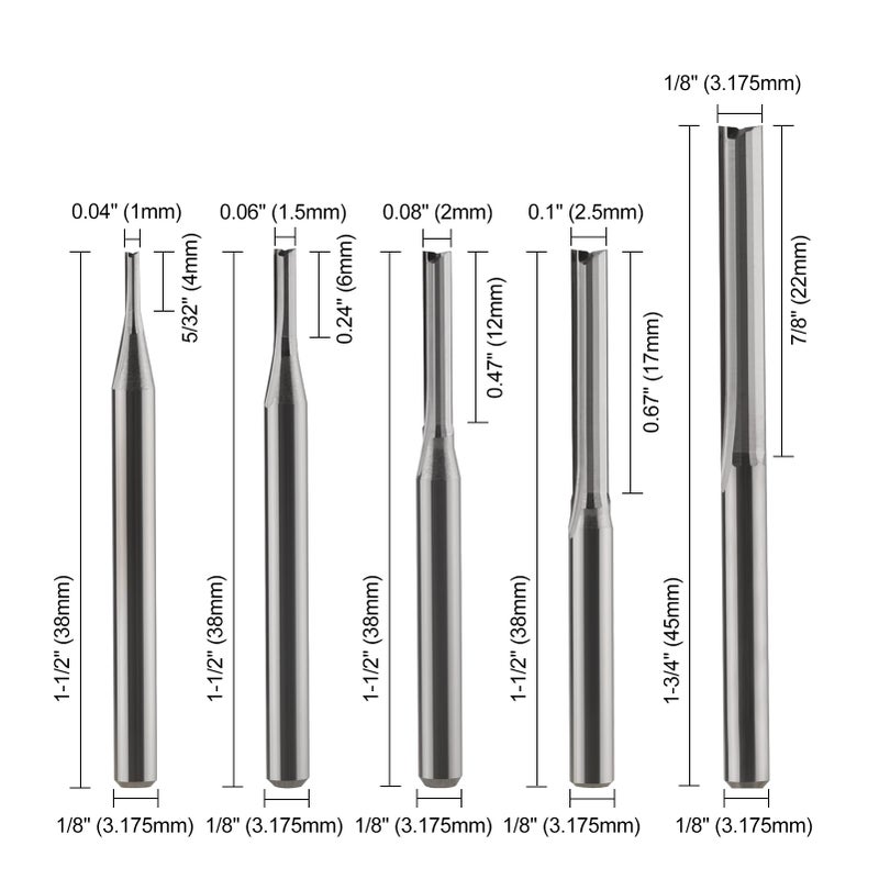 HOZLY 1/8 Inch Straight Router Bits Set (CED 1.0mm 1.5mm 2.0mm 2.5mm 3.175mm) Milling Cutter 2 Flutes Double Edged CNC Cutting Tungsten Steel for Wood MDF Acrylic Milling - Image 2
